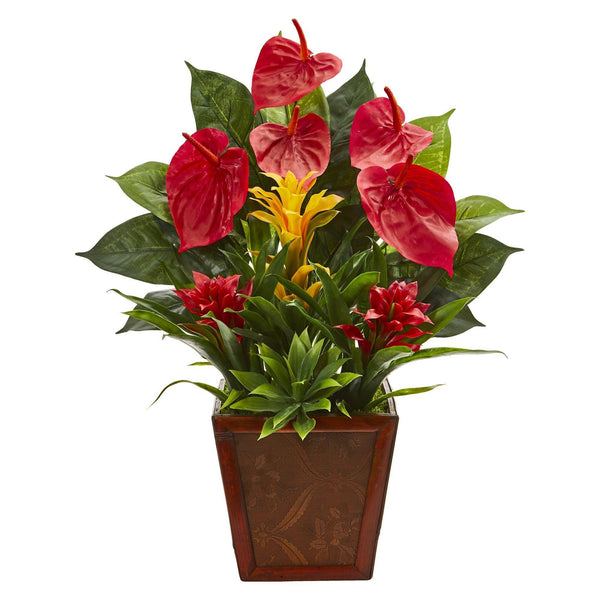 24” Anthurium, Bromeliad and Succulent Artificial Plant in Decorative Planter