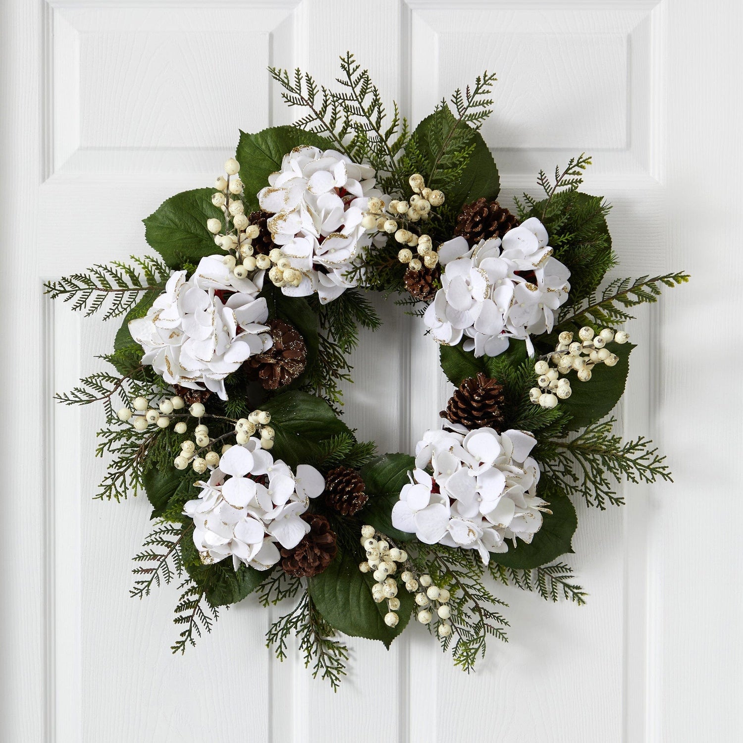 24” Artificial Hydrangea & Berry Gold Trimmed Wreath