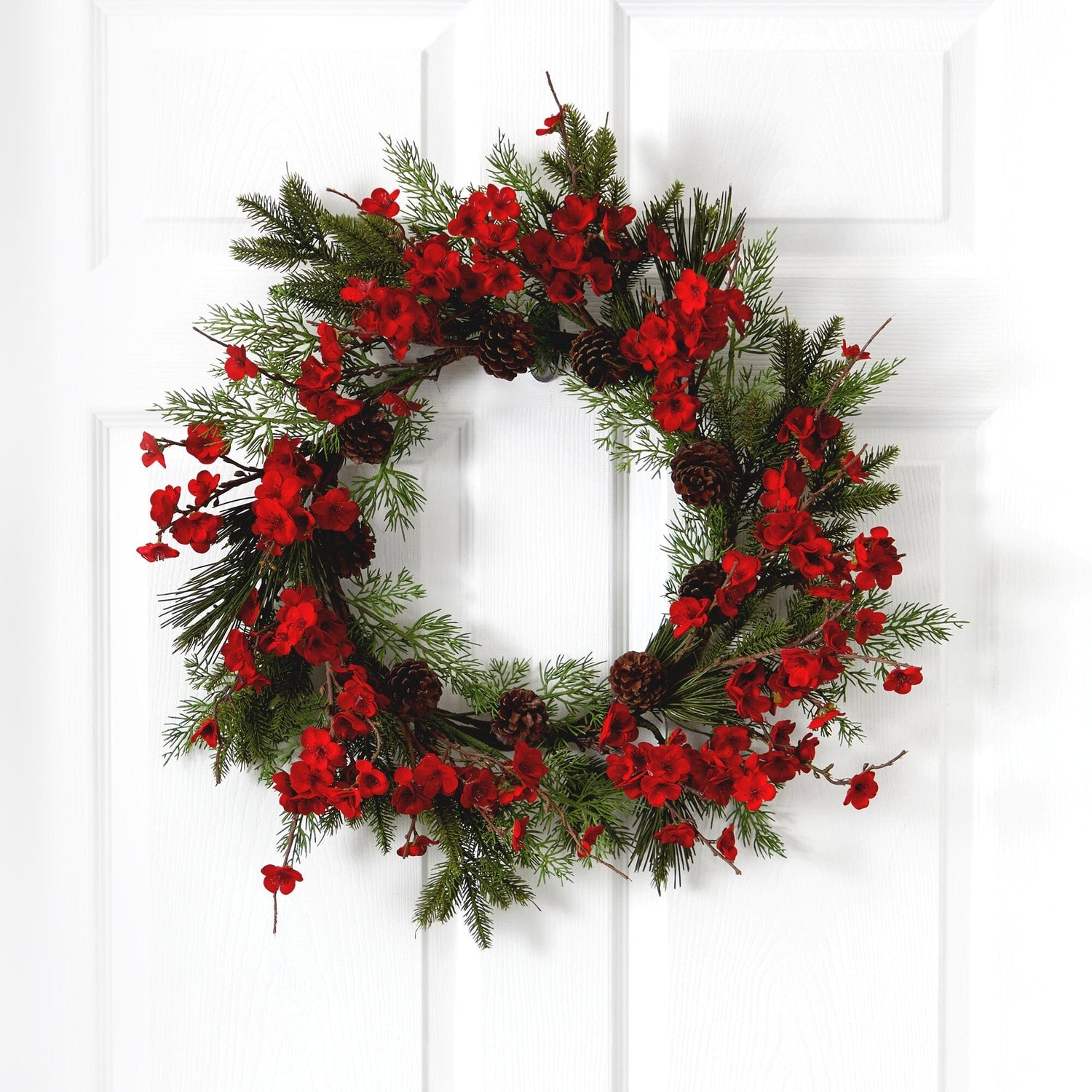 24” Artificial Plum Blossom Pine Wreath