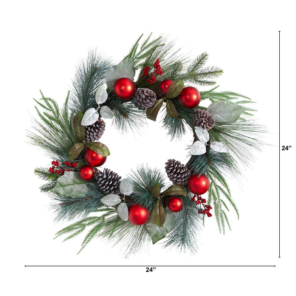 24” Assorted Pine, Pinecone and Berry Artificial Christmas Wreath with Red Ornaments