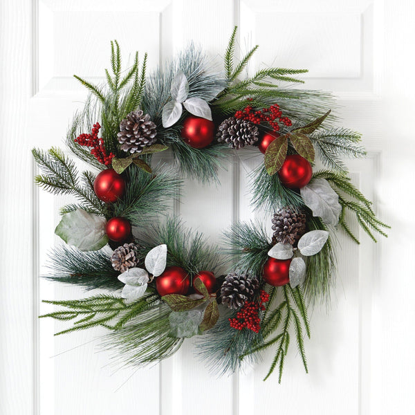 24” Assorted Pine, Pinecone and Berry Artificial Christmas Wreath with Red Ornaments
