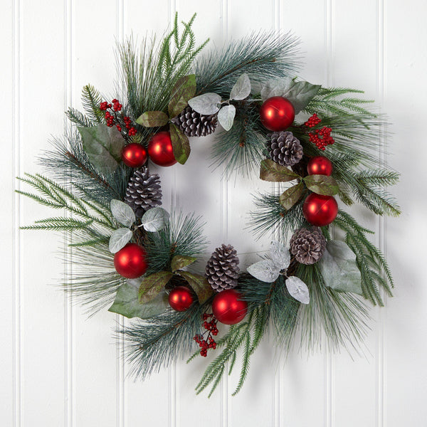 24” Assorted Pine, Pinecone and Berry Artificial Christmas Wreath with Red Ornaments