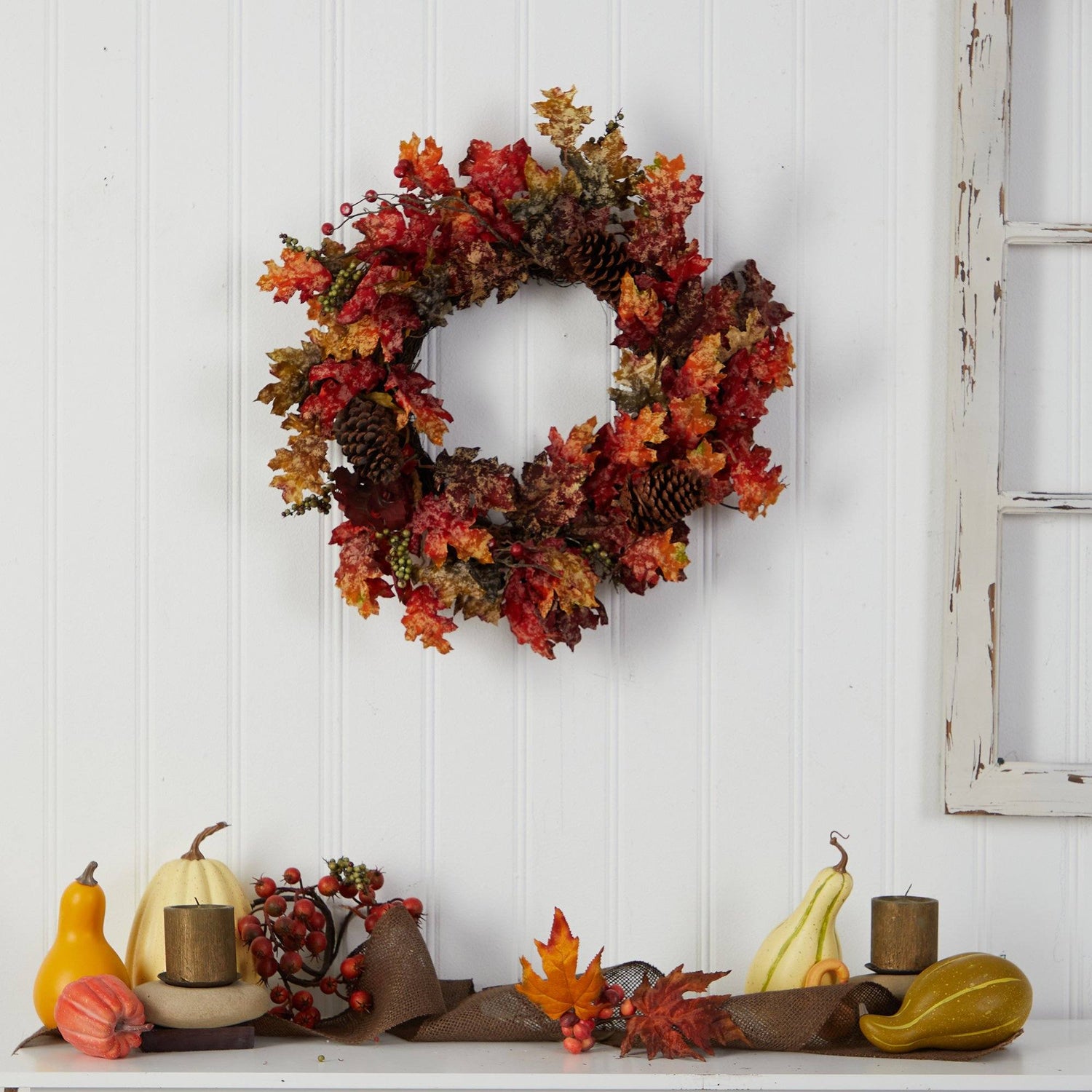 24” Autumn Maple, Berries and Pinecone Fall Artificial Wreath