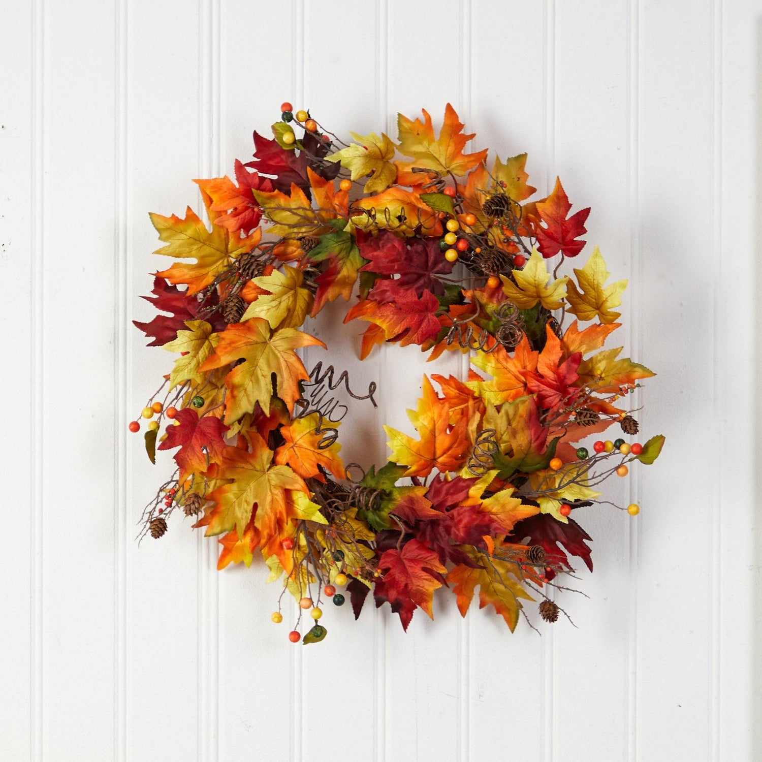 24” Autumn Maple Leaf and Berries Artificial Fall Wreath with Twig Base