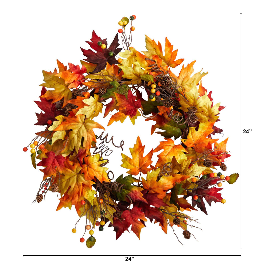 24” Autumn Maple Leaf and Berries Artificial Fall Wreath with Twig Base ...
