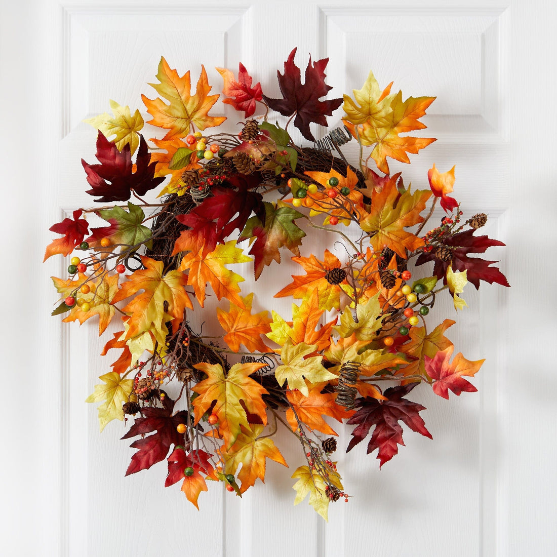 24” Autumn Maple Leaf and Berries Artificial Fall Wreath with Twig Base ...