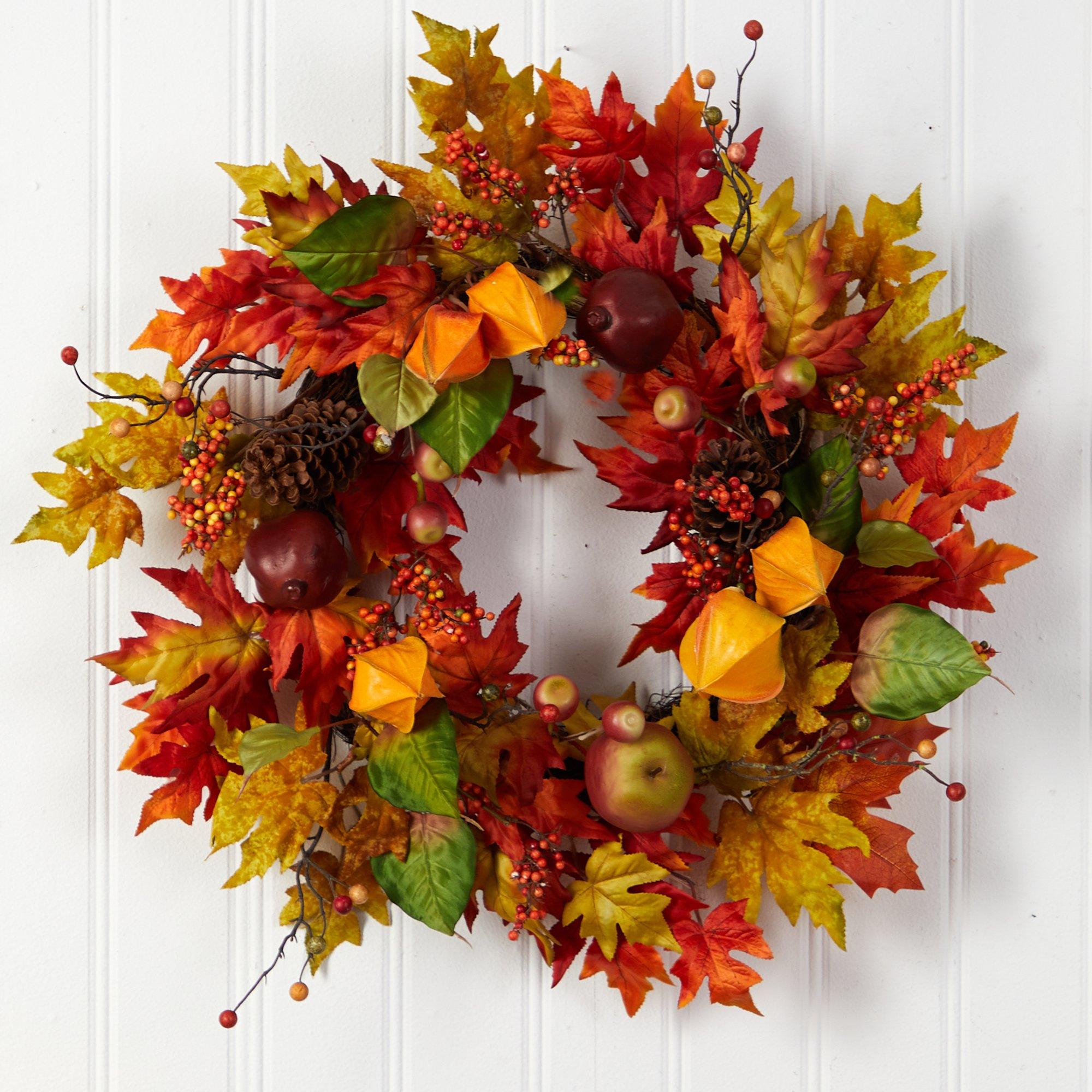 24” Autumn Maple Leaf and Berries Fall Artificial Wreath | Nearly Natural