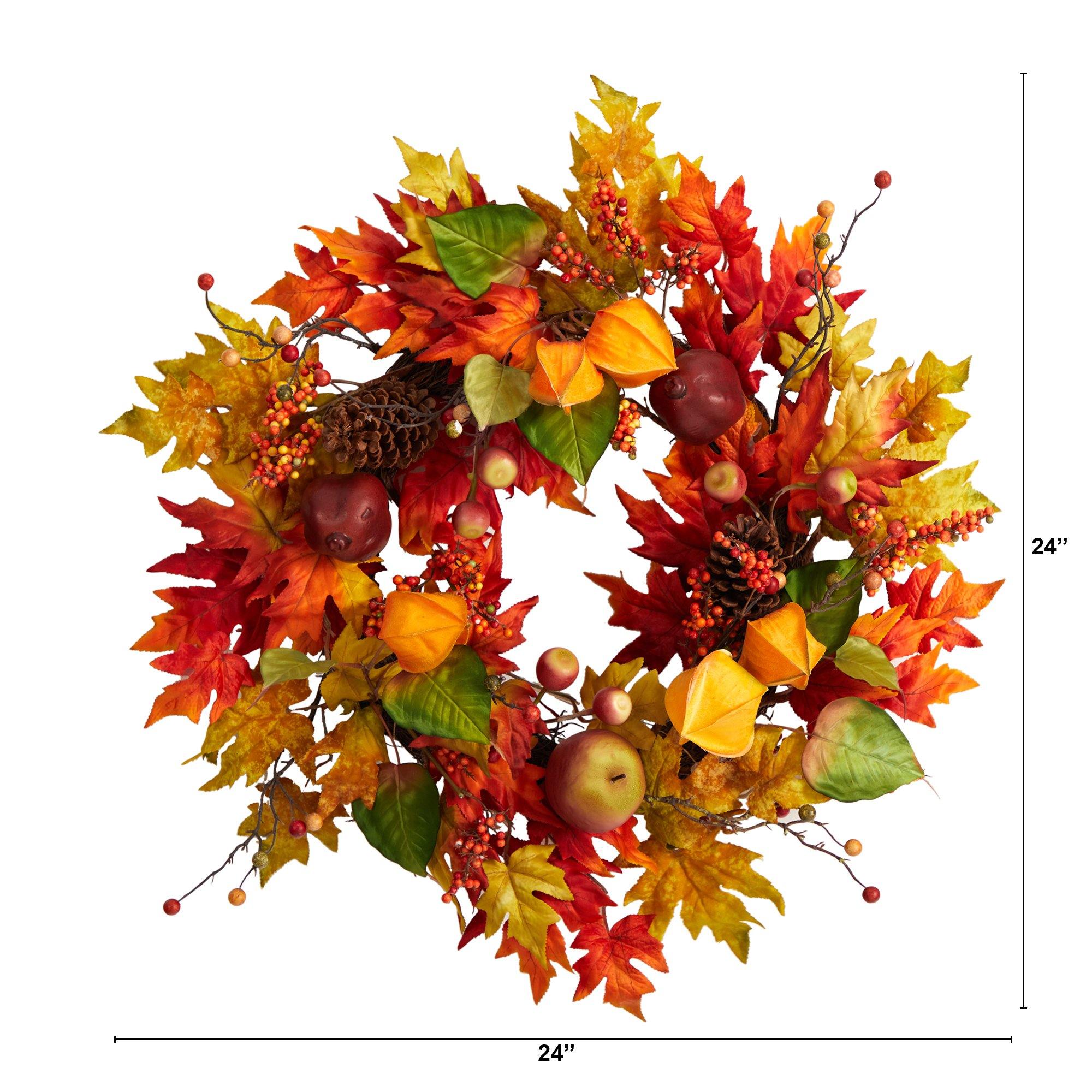 24” Autumn Maple Leaf and Berries Fall Artificial Wreath | Nearly Natural