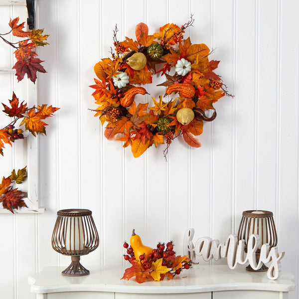 24” Autumn Pumpkin, Gourd and Berries in Assorted Colors Artificial Fall Wreath