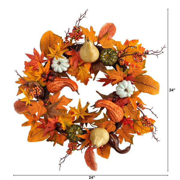 24” Autumn Pumpkin, Gourd and Berries in Assorted Colors Artificial Fall Wreath