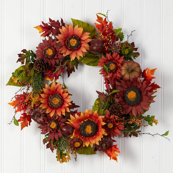 24” Autumn Sunflower, Pumpkin, Pinecone and Berries Fall Artificial Wreat