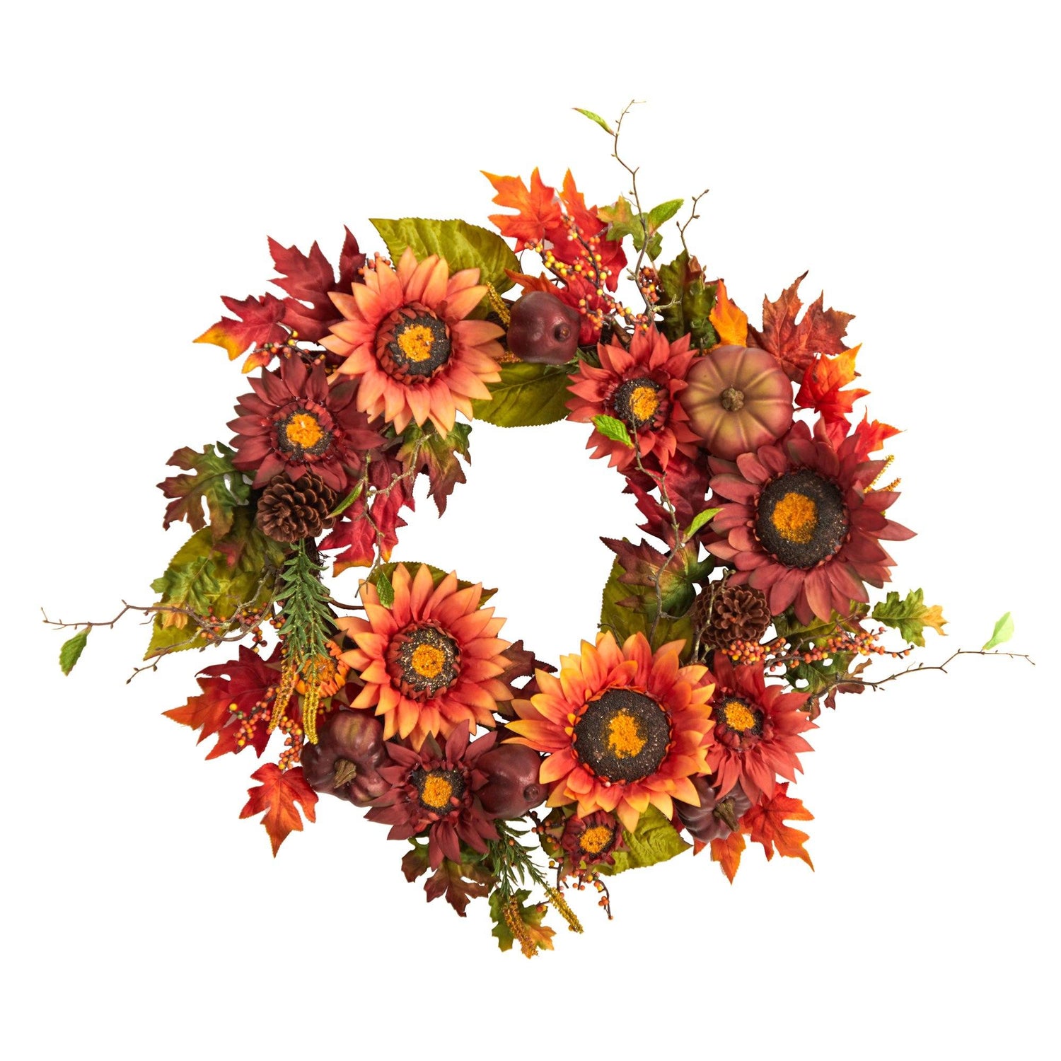24” Autumn Sunflower, Pumpkin, Pinecone and Berries Fall Artificial Wreat
