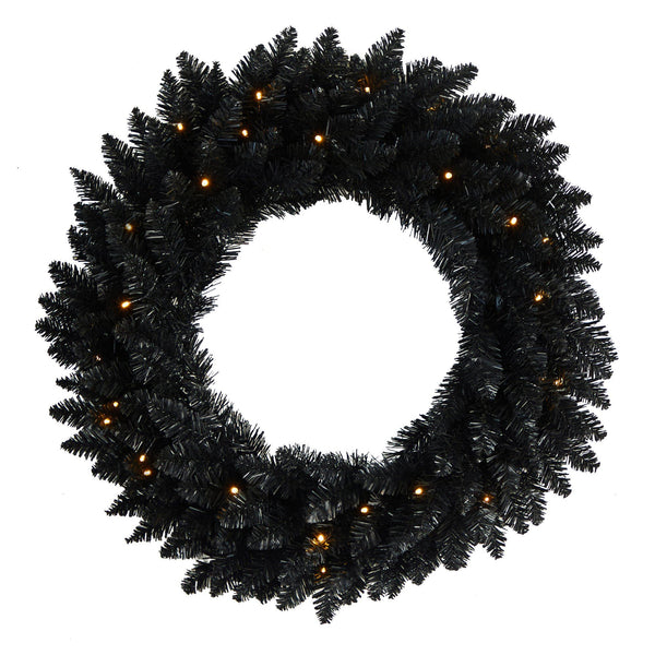 24” Black Artificial Wreath with 35 Warm White LED Lights
