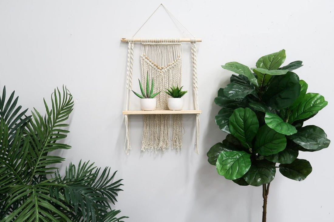 macrame wall hanging for plants 24" Boho Chic Wood Macrame Single Shelf Woven Beads Wall Art Décor