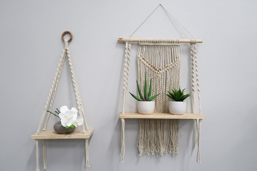 24" Boho Chic Wood Macrame Single Shelf Woven Beads Wall Art Décor"