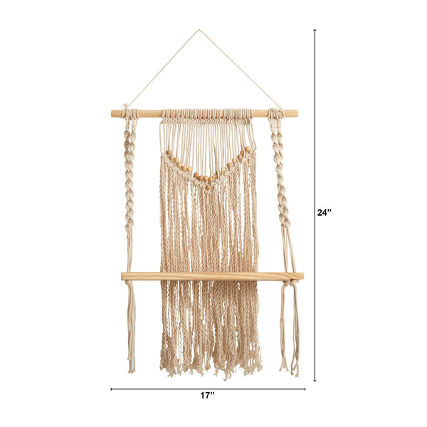 24" Boho Chic Wood Macrame Single Shelf Woven Beads Wall Art Décor"