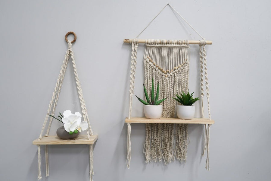 24" Boho Chic Wood Macrame Single Shelf Woven Beads Wall Art Décor"