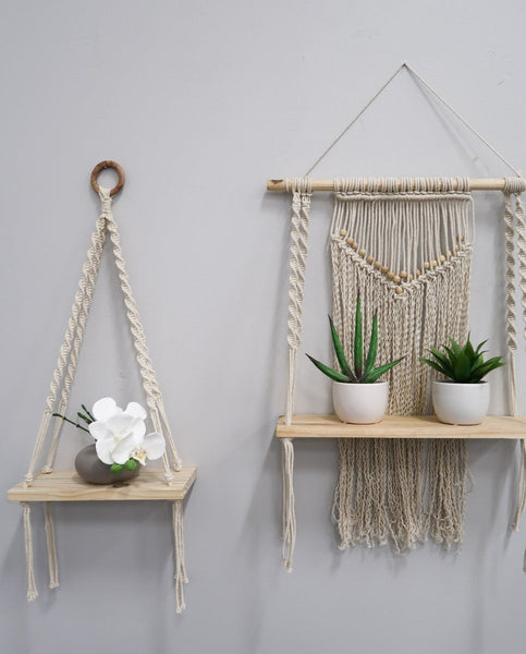 24" Boho Chic Wood Macrame Single Shelf Woven Beads Wall Art Décor"