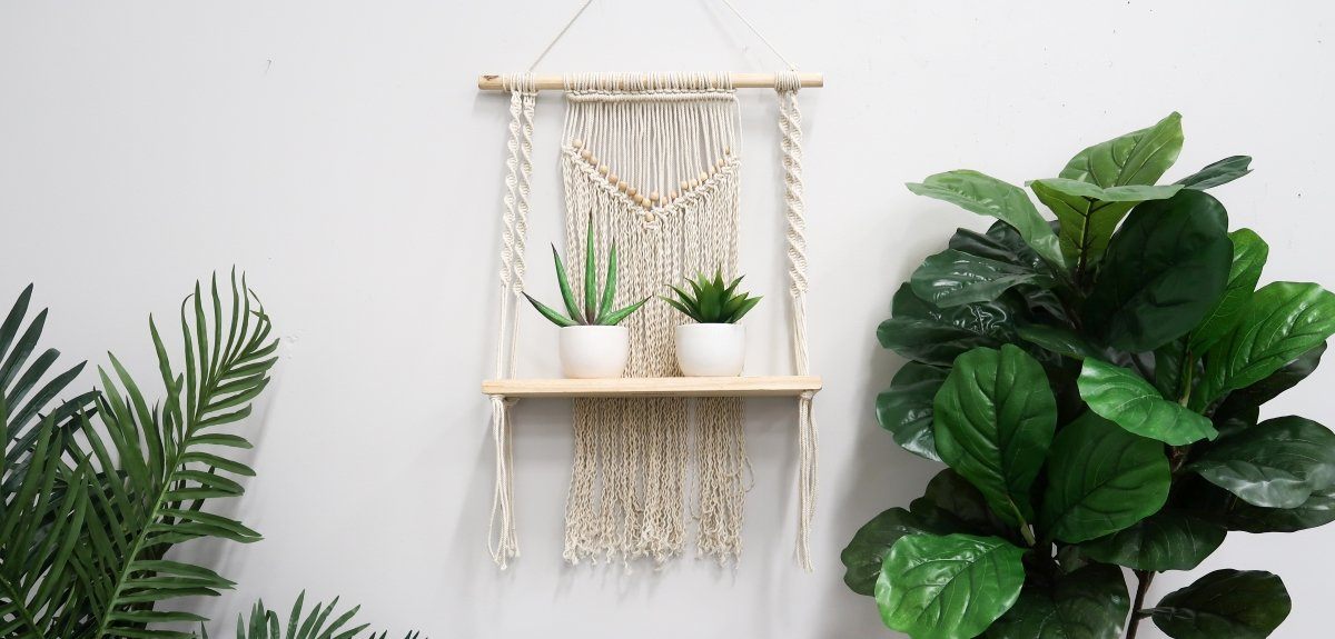 24" Boho Chic Wood Macrame Single Shelf Woven Beads Wall Art Décor"