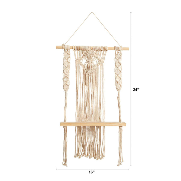 24" Boho Chic Wood Macrame Single Shelf Woven Diamond Wall Art Décor"