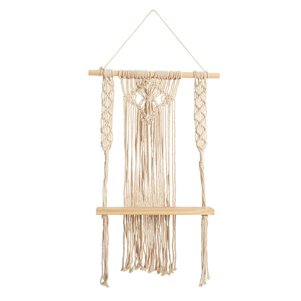 24" Boho Chic Wood Macrame Single Shelf Woven Diamond Wall Art Décor"