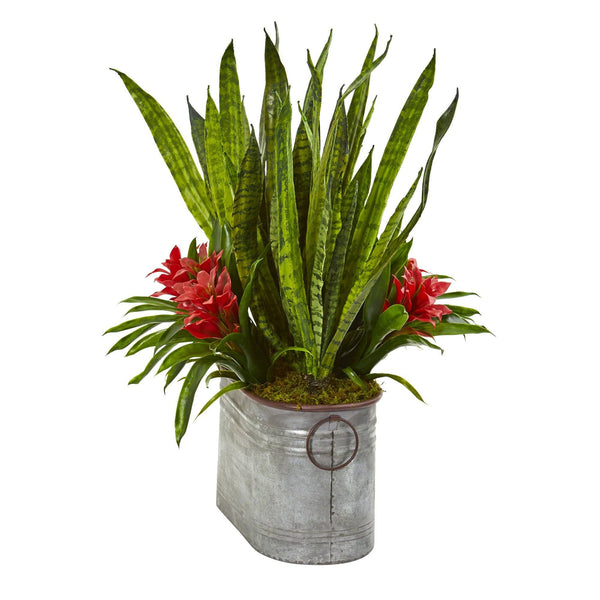 24” Bromeliad and Sansevieria Plant in Metal Planter