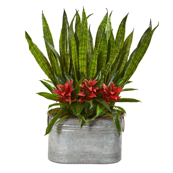 24” Bromeliad and Sansevieria Plant in Metal Planter