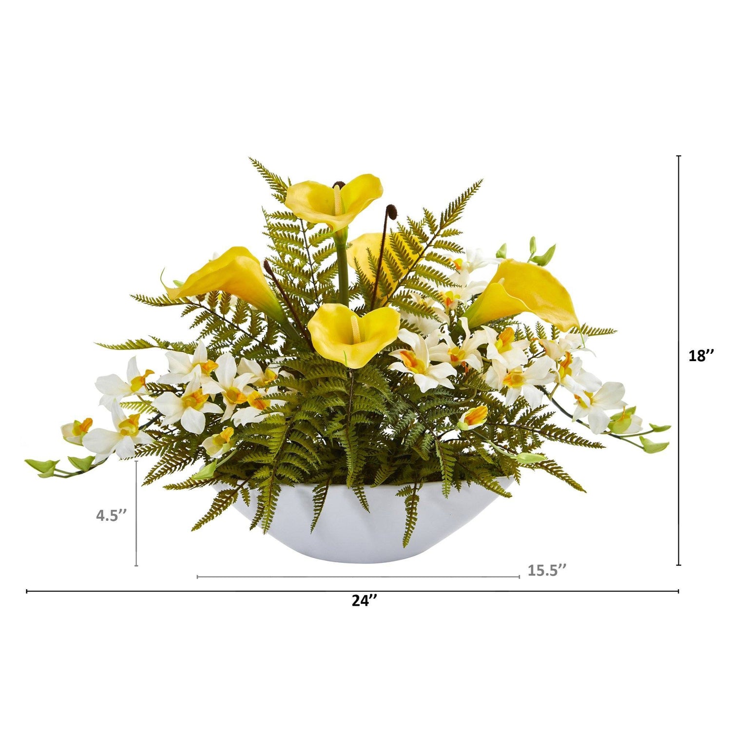 24” Calla Lilly, Dendrobium Orchid and Fern Artificial Arrangement in White Vase