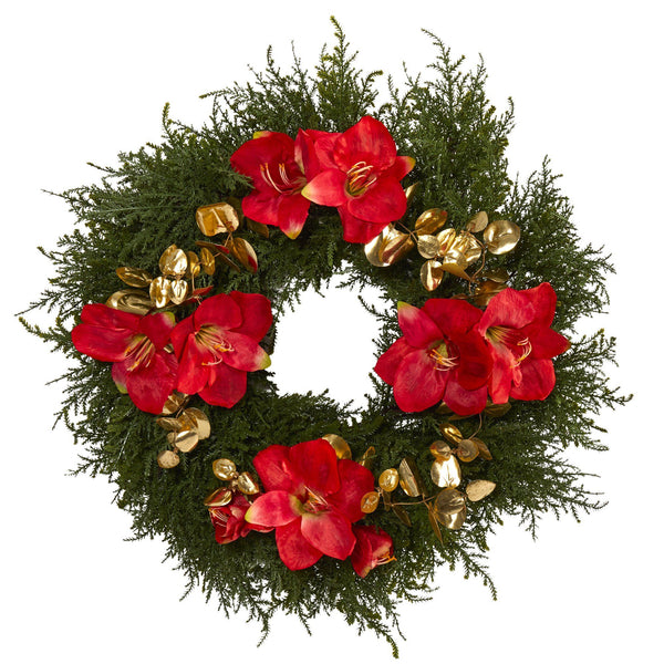 24” Cedar, Amaryllis and Metallic Eucalyptus Artificial Wreath