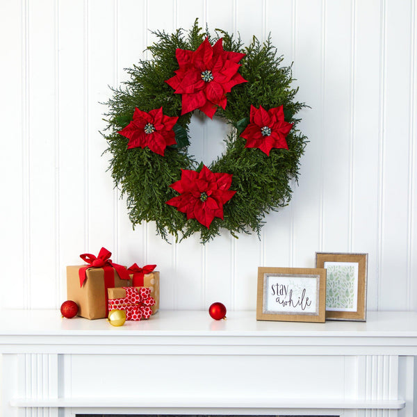 24” Cedar and Poinsettia Artificial Wreath