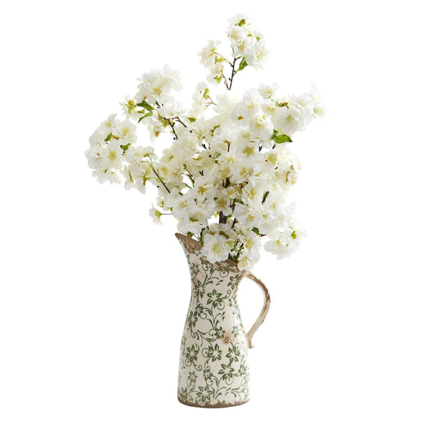 24” Cherry Blossom Artificial Arrangement in Floral Pitcher