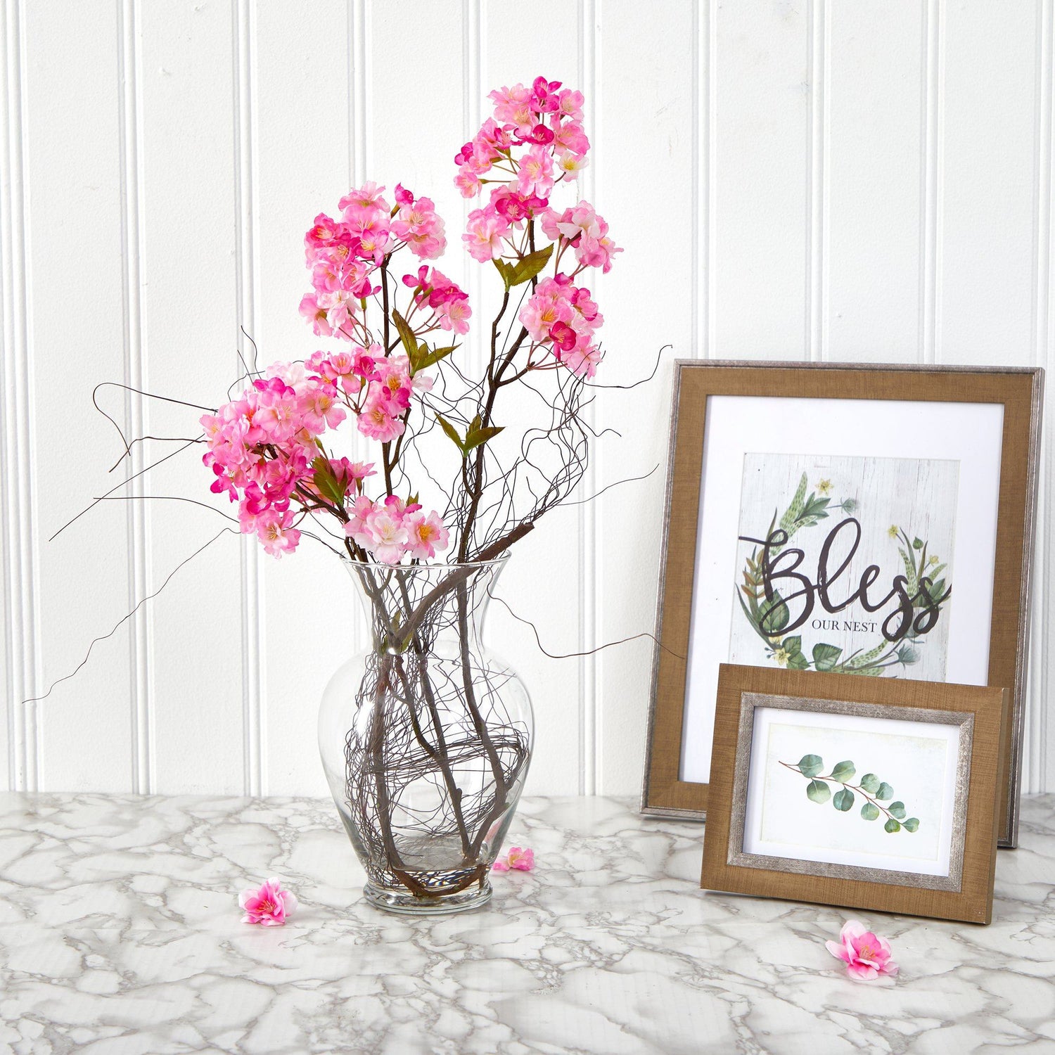 24” Cherry Blossom Artificial Arrangement in Glass Vase