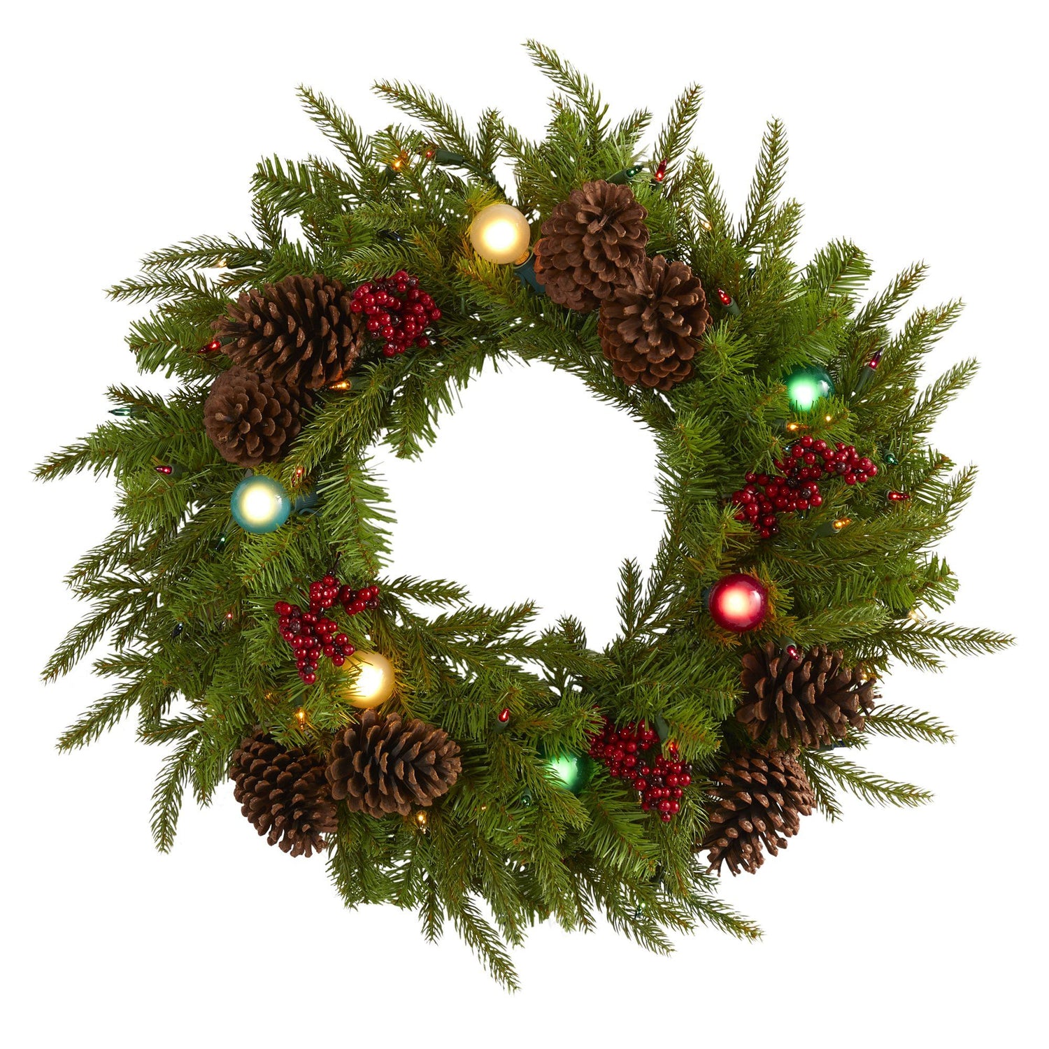 24” Christmas Artificial Wreath with 50 Multicolored Lights, 7 Multicolored Globe Bulbs, Berries and Pine Cones