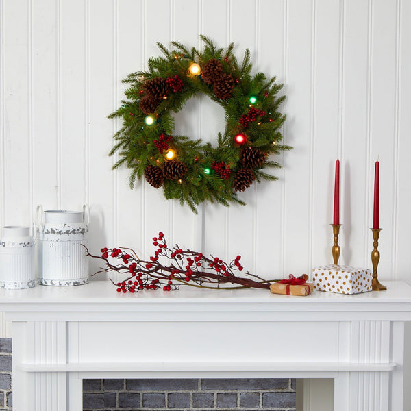24” Christmas Artificial Wreath with 50 Multicolored Lights, 7 Multicolored Globe Bulbs, Berries and Pine Cones