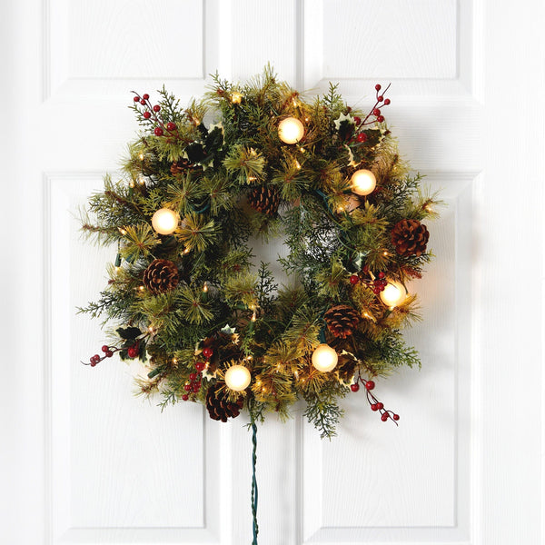24” Christmas Artificial Wreath with 50 White Warm Lights, 7 Globe Bulbs, Berries and Pine Cones