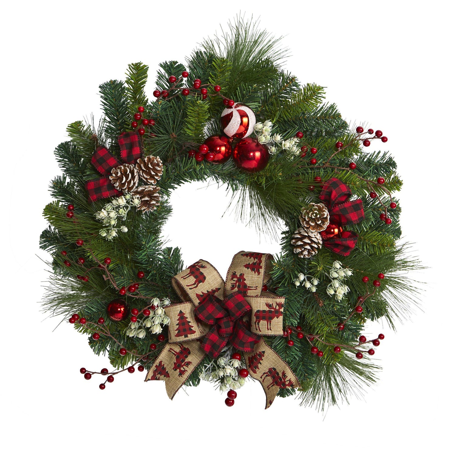 24” Christmas Pine Artificial Wreath with Pine Cones and Ornaments