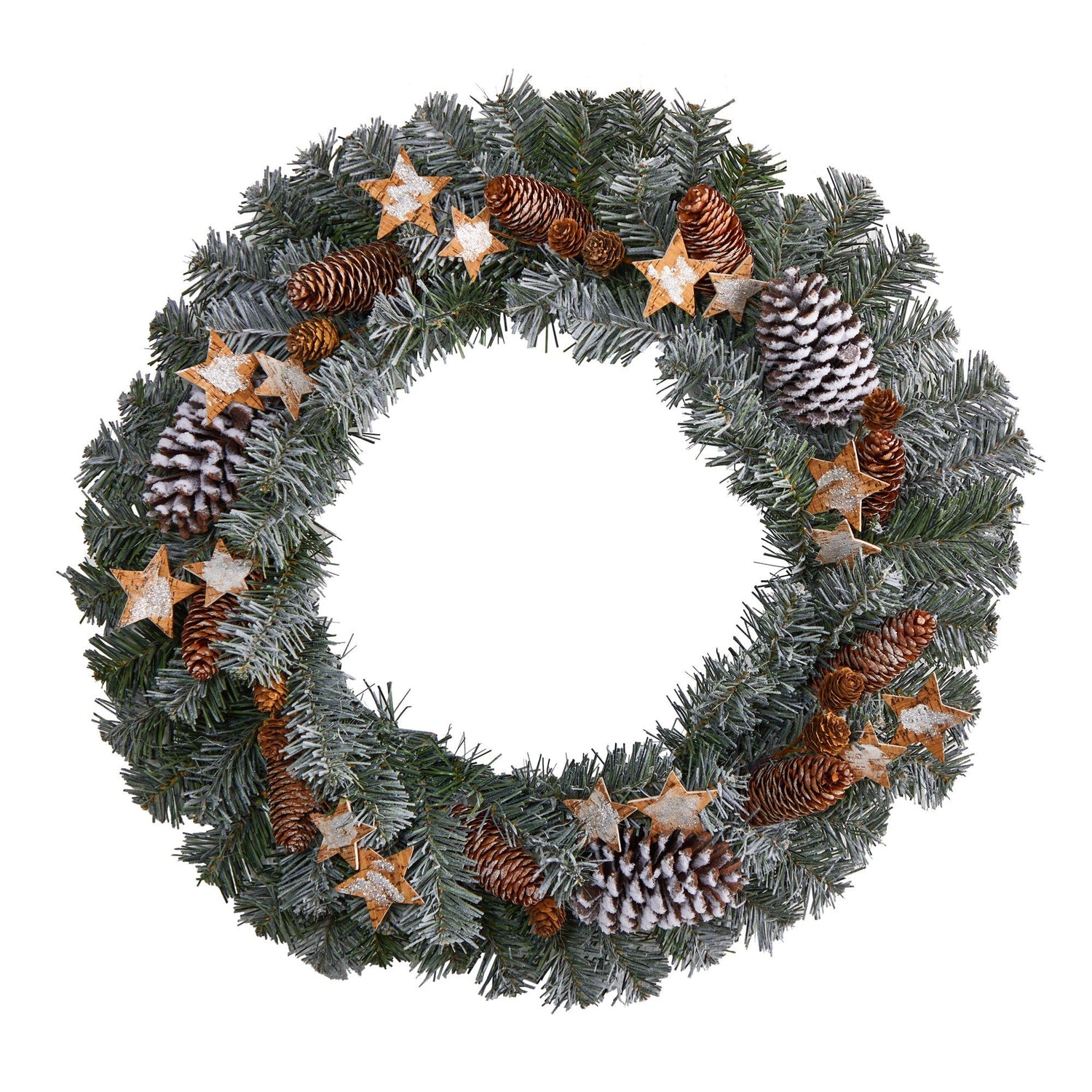 24” Christmas Winter Frosted Stars and Pinecones Holiday Wreath