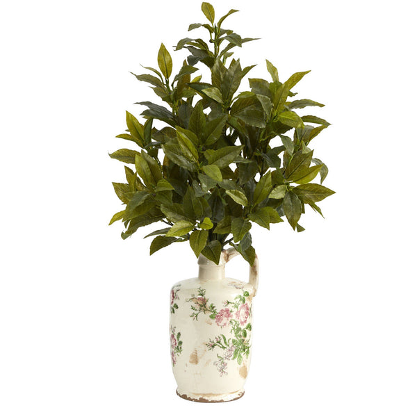 24” Coffee Leaf Artificial Plant in Floral Pitcher (Real Touch)