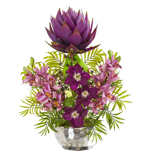 24” Cymbidium Orchid and Mixed Floral Artificial Arrangement in Silver Vase