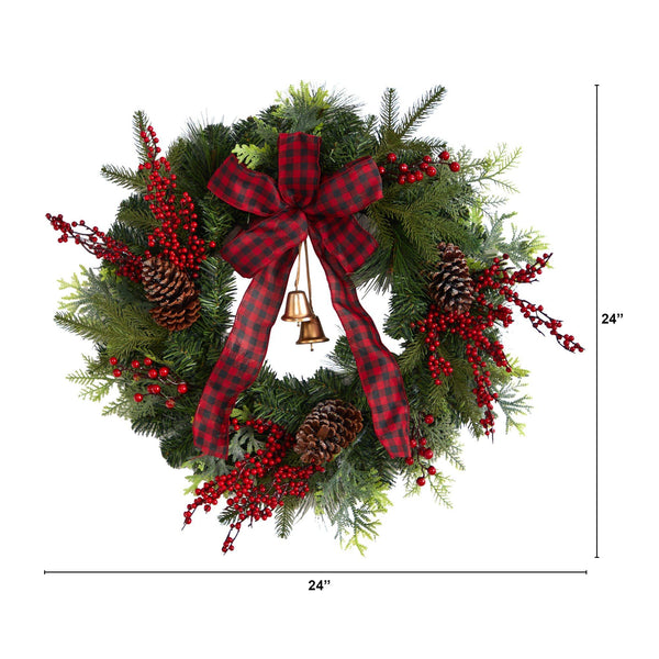 24” Decorated Christmas Artificial Wreath with Bow and 130 Bendable Branches