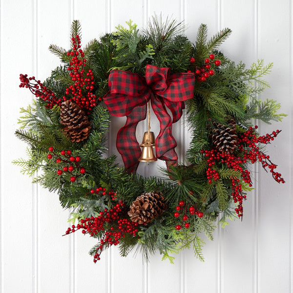 24” Decorated Christmas Artificial Wreath with Bow and 130 Bendable Branches