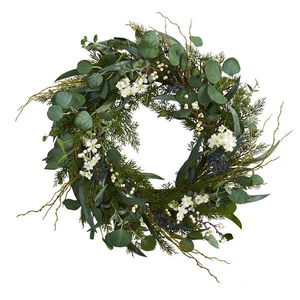 24” Eucalyptus, Dancing Daisy and Mixed Greens Artificial Wreath