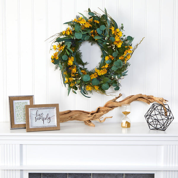 24” Eucalyptus, Dancing Lady Orchid and Mixed Greens Artificial Wreath