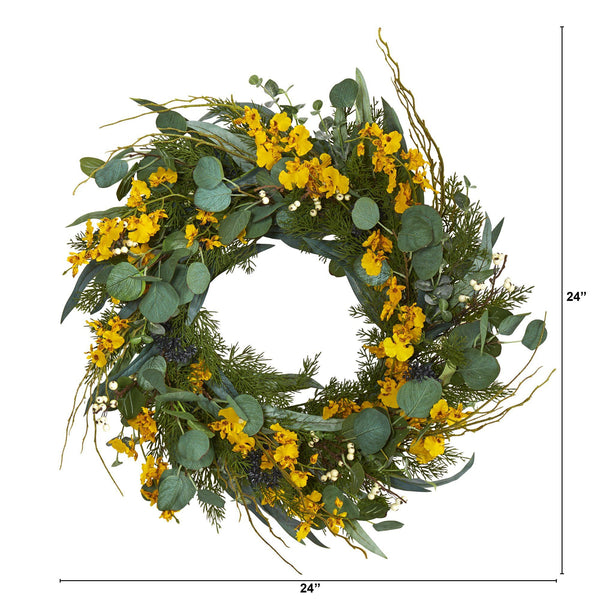 24” Eucalyptus, Dancing Lady Orchid and Mixed Greens Artificial Wreath
