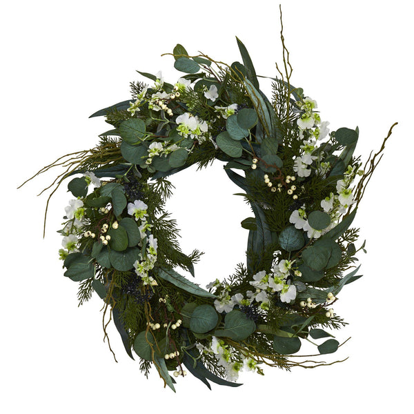 24” Eucalyptus, Dancing Lady Orchid and Mixed Greens Artificial Wreath