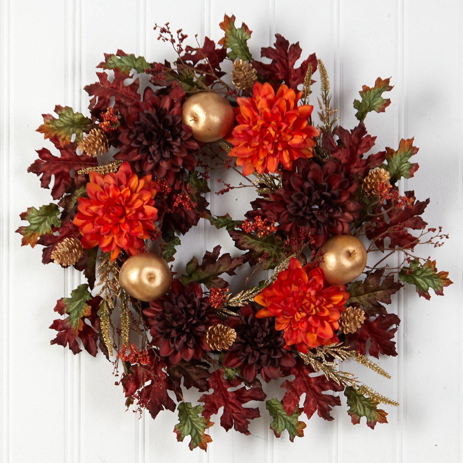 24” Fall Dahlia, Golden Apple, Oak Leaf and Berries Autumn Artificial Wreath