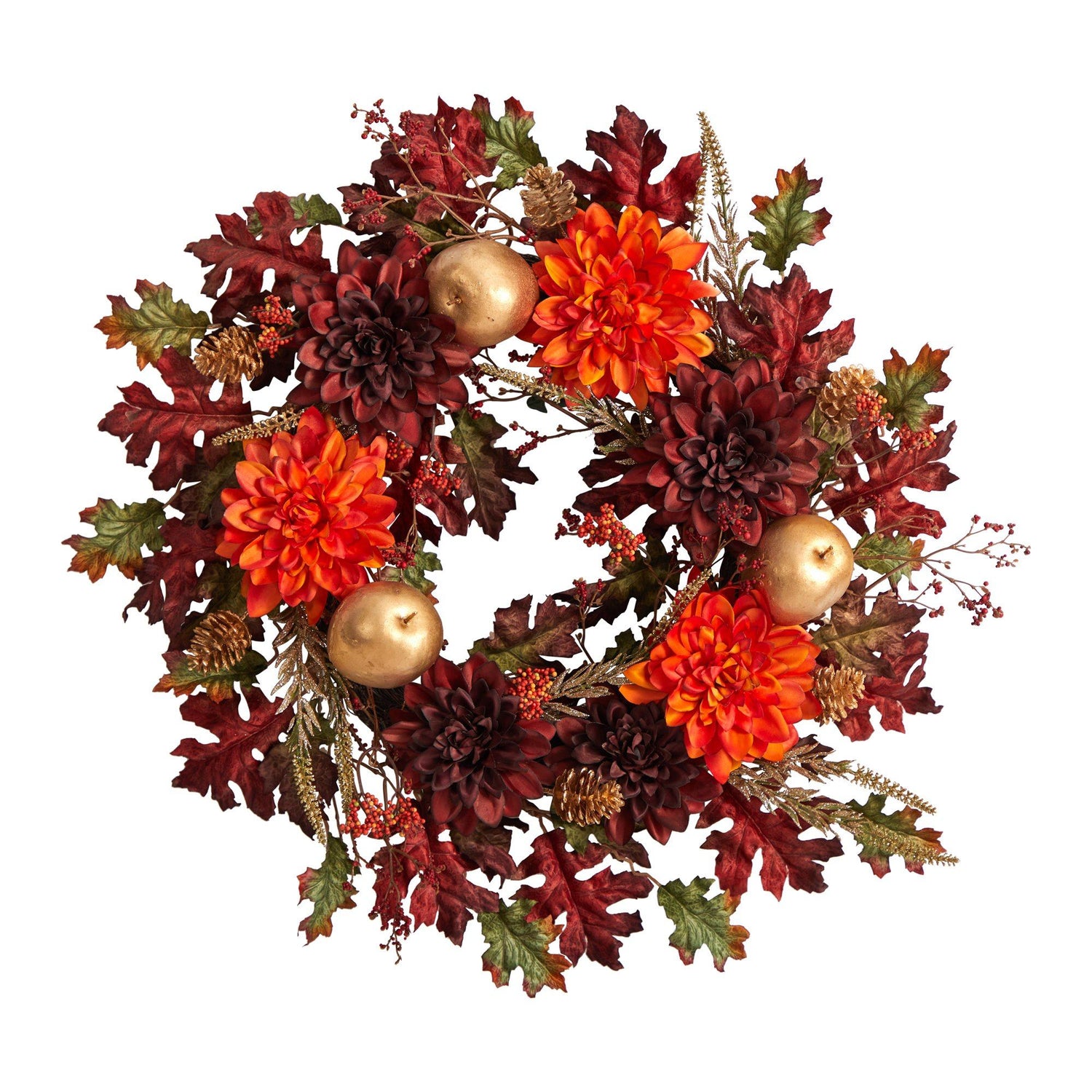 24” Fall Dahlia, Golden Apple, Oak Leaf and Berries Autumn Artificial Wreath
