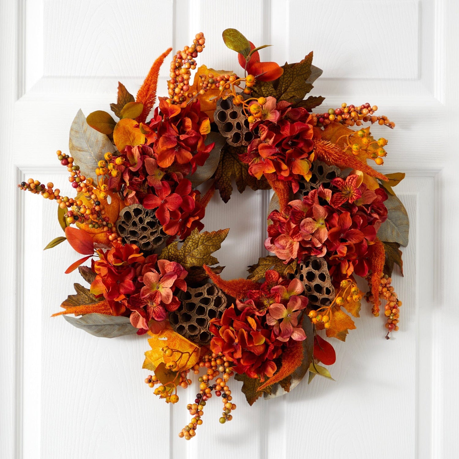 24” Fall Hydrangea, Lotus and Berries Artificial Wreath