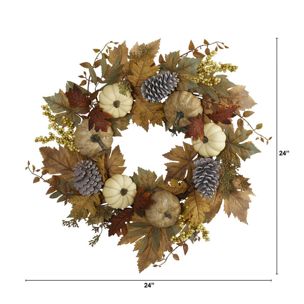 24” Fall Pumpkins, Pine Cones and Berries Artificial Wreath