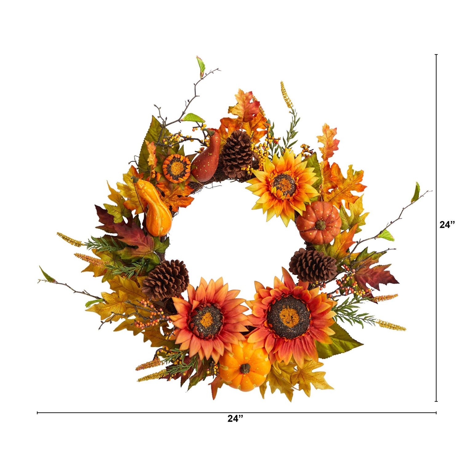 24” Fall Sunflower, Pumpkin, Gourds, Pinecone and Berries Autumn Artificial Wreath